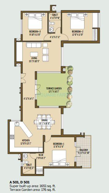 Floor plan of 3 BHK 1651 Sq. Ft. Apartment in Good Earth Malhar Terraces, Bangalore