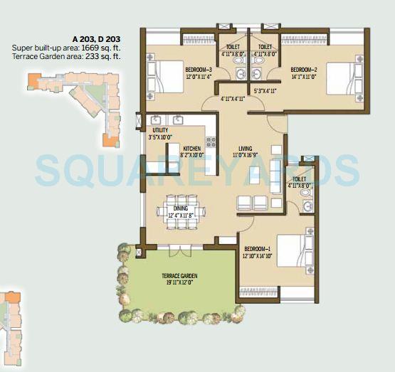 Floor plan of 3 BHK 1669 Sq. Ft. Apartment in Good Earth Malhar Terraces, Bangalore