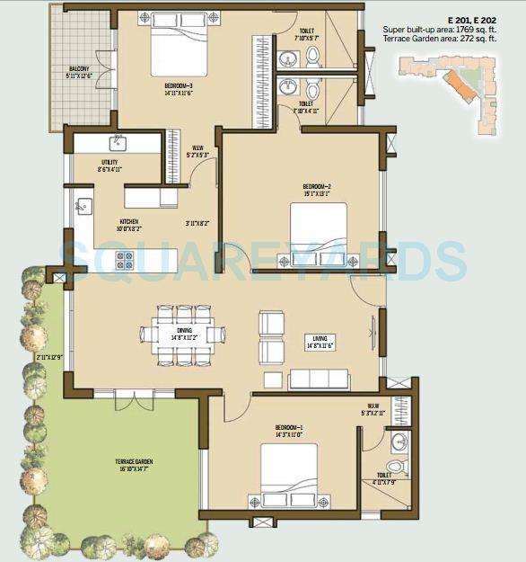 Floor plan of 3 BHK 1769 Sq. Ft. Apartment in Good Earth Malhar Terraces, Bangalore