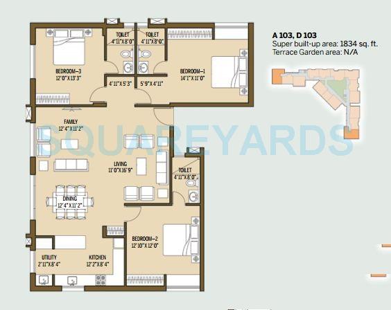 Floor plan of 3 BHK 1834 Sq. Ft. Apartment in Good Earth Malhar Terraces, Bangalore