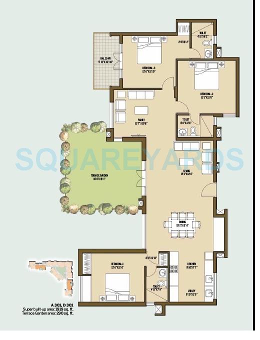 Floor plan of 3 BHK 1919 Sq. Ft. Apartment in Good Earth Malhar Terraces, Bangalore