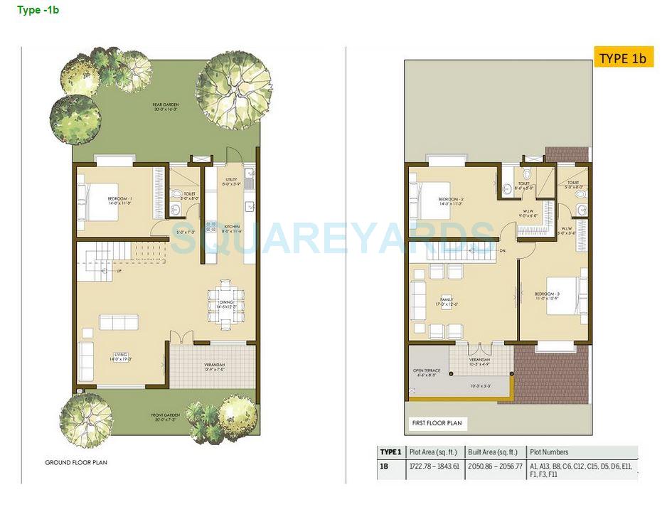 Floor plan of 3 BHK Villa - 2050 sq. ft. in Good Earth Mosaic, Bangalore
