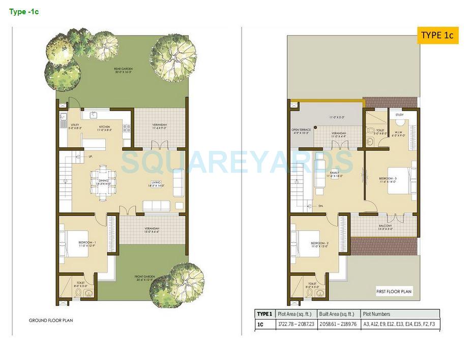 Floor plan of 3 BHK Villa - 2058 sq. ft. in Good Earth Mosaic, Bangalore