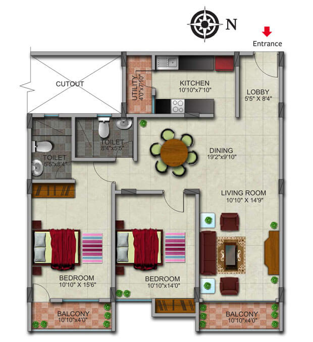 Floor plan of 2 BHK 1305 Sq. Ft. Apartment in Gopalan Admirality Court, Bangalore