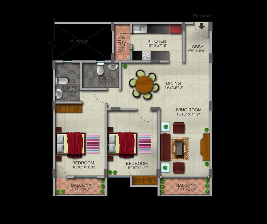 Floor plan of 2 BHK 1400 Sq. Ft. Apartment in Gopalan Admirality Court, Bangalore
