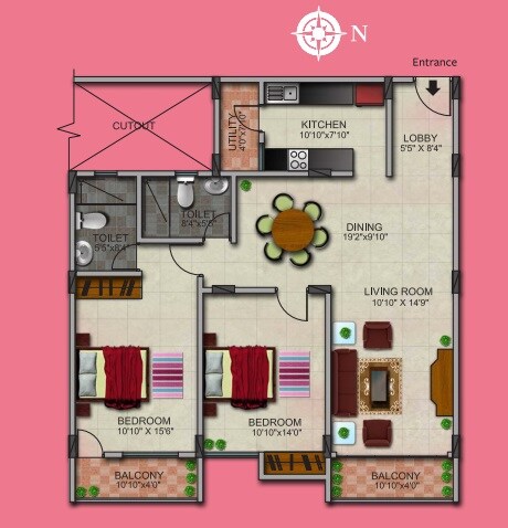 Floor plan of 2 BHK 1430 Sq. Ft. Apartment in Gopalan Admirality Court, Bangalore