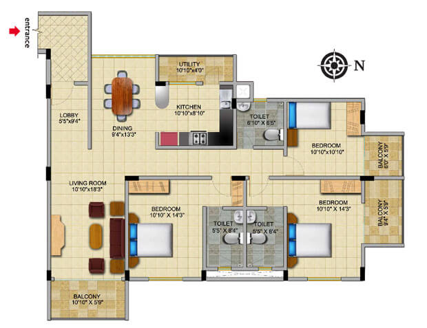 Floor plan of 3 BHK 1730 Sq. Ft. Apartment in Gopalan Admirality Court, Bangalore