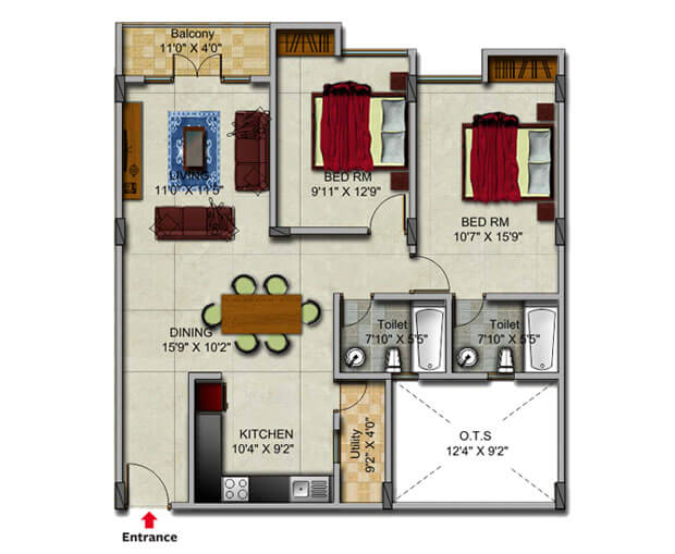 Floor plan of 2 BHK 1278 Sq. Ft. Apartment in Gopalan Admirality Royal, Bangalore