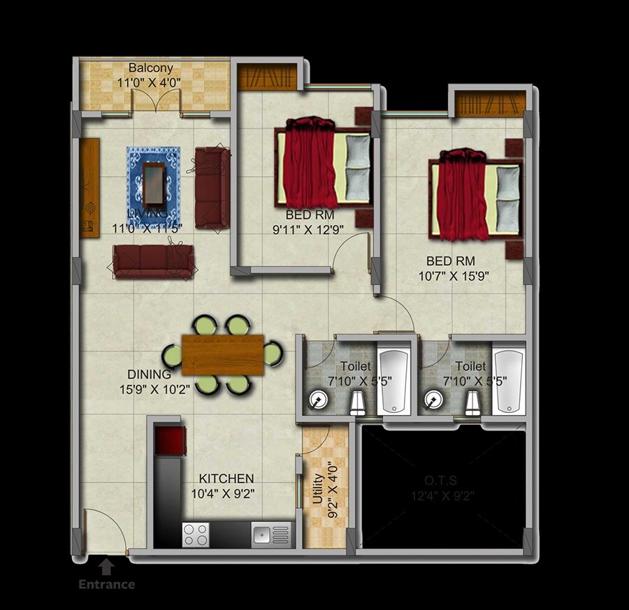 Floor plan of 2 BHK 1293 Sq. Ft. Apartment in Gopalan Admirality Royal, Bangalore