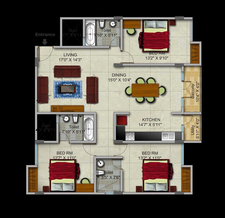 Floor plan of 3 BHK 1534 Sq. Ft. Apartment in Gopalan Admirality Royal, Bangalore