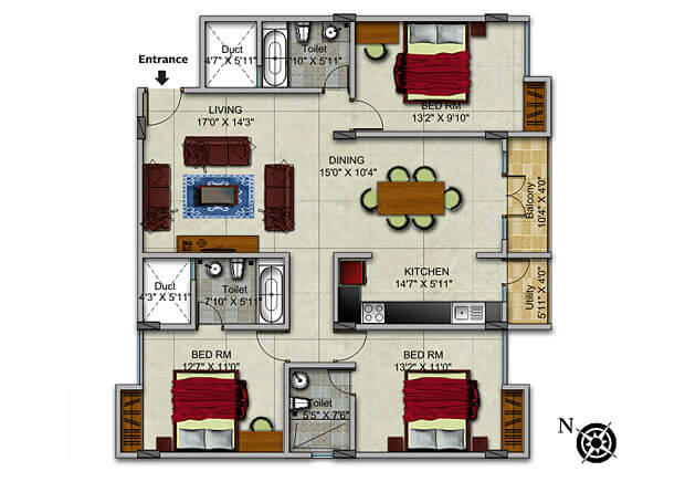 Floor plan of 3 BHK 1588 Sq. Ft. Apartment in Gopalan Admirality Royal, Bangalore