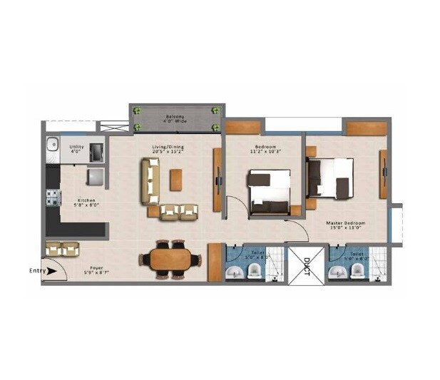 Floor plan of 2 BHK 1305 Sq. Ft. Apartment in Gopalan Aqua, Bangalore