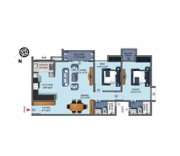 Floor plan of 2 BHK 1325 Sq. Ft. Apartment in Gopalan Aqua, Bangalore