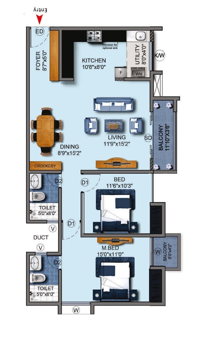 Floor plan of 2 BHK 1355 Sq. Ft. Apartment in Gopalan Aqua, Bangalore