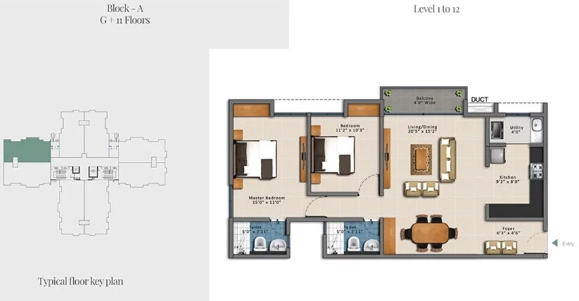 Floor plan of 2 BHK 1321 Sq. Ft. Apartment in Gopalan Florenza, Bangalore