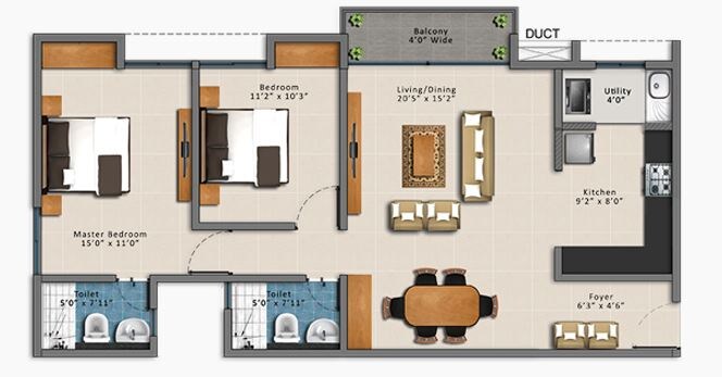 Floor plan of 2 BHK 1310 Sq. Ft. Apartment in Gopalan Florenza, Bangalore