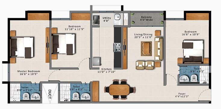 Floor plan of 3 BHK 1660 Sq. Ft. Apartment in Gopalan Florenza, Bangalore