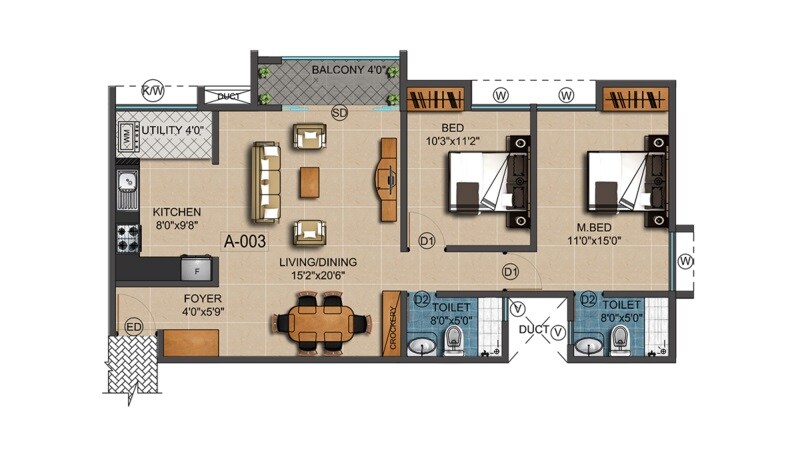 Floor plan of 2 BHK 1265 Sq. Ft. Apartment in Gopalan Lake Front, Bangalore