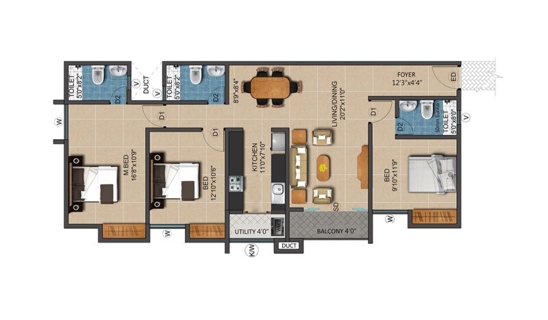 Floor plan of 3 BHK 1565 Sq. Ft. Apartment in Gopalan Lake Front, Bangalore