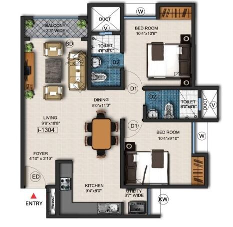 Floor plan of 2 BHK 905 Sq. Ft. Apartment in Gopalan Olympia, Bangalore