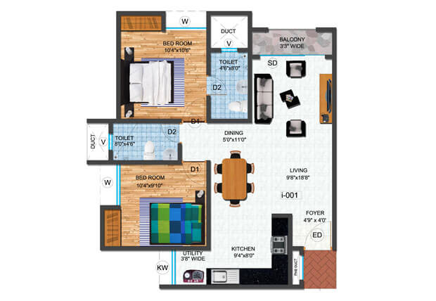Floor plan of 2 BHK 980 Sq. Ft. Apartment in Gopalan Olympia, Bangalore