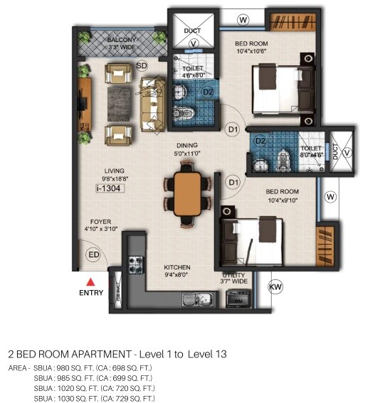 Floor plan of 2 BHK 985 Sq. Ft. Apartment in Gopalan Olympia, Bangalore