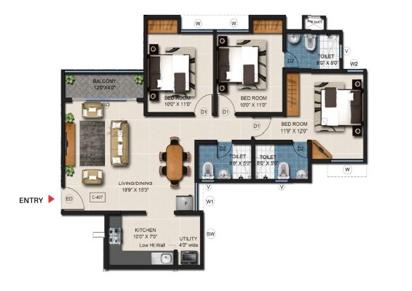 Floor plan of 3 BHK 1360 Sq. Ft. Apartment in Gopalan Olympia, Bangalore