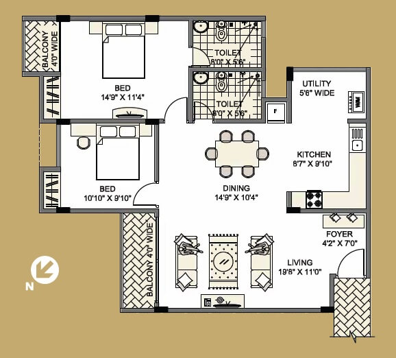 Floor plan of 2 BHK 1330 Sq. Ft. Apartment in Gopalan Sanskriti, Bangalore