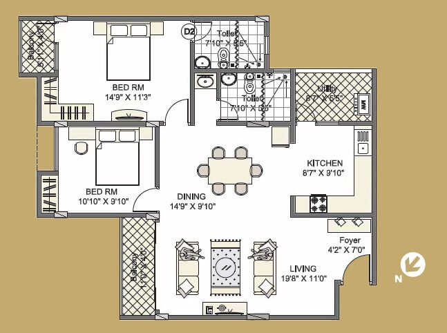 Floor plan of 2 BHK 1375 Sq. Ft. Apartment in Gopalan Sanskriti, Bangalore