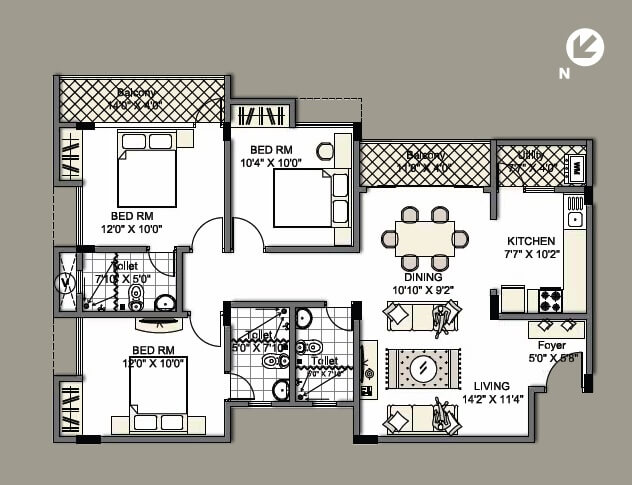 Floor plan of 3 BHK 1488 Sq. Ft. Apartment in Gopalan Sanskriti, Bangalore