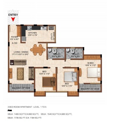 Floor plan of 3 BHK 1495 Sq. Ft. Apartment in Gopalan Sanskriti, Bangalore