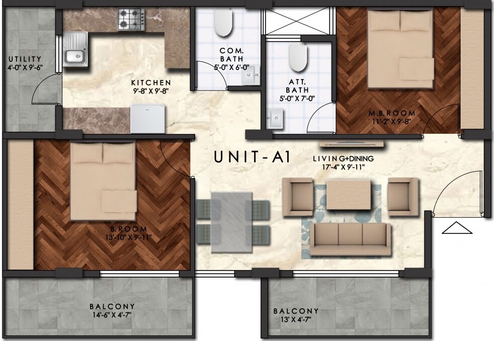 Floor plan of 2 BHK 1100 Sq. Ft. Apartment in Govianu Ace Grand, Bangalore