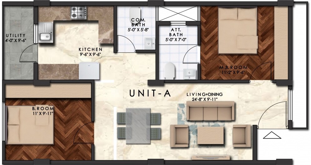 Floor plan of 2 BHK 990 Sq. Ft. Apartment in Govianu Ace Grand, Bangalore