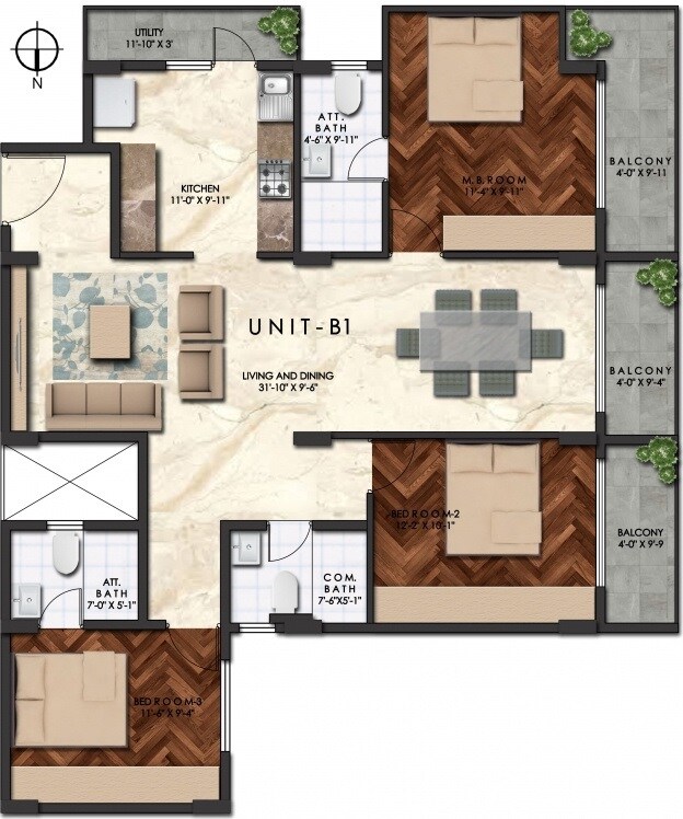 Floor plan of 3 BHK 1500 Sq. Ft. Apartment in Govianu Ace Grand, Bangalore