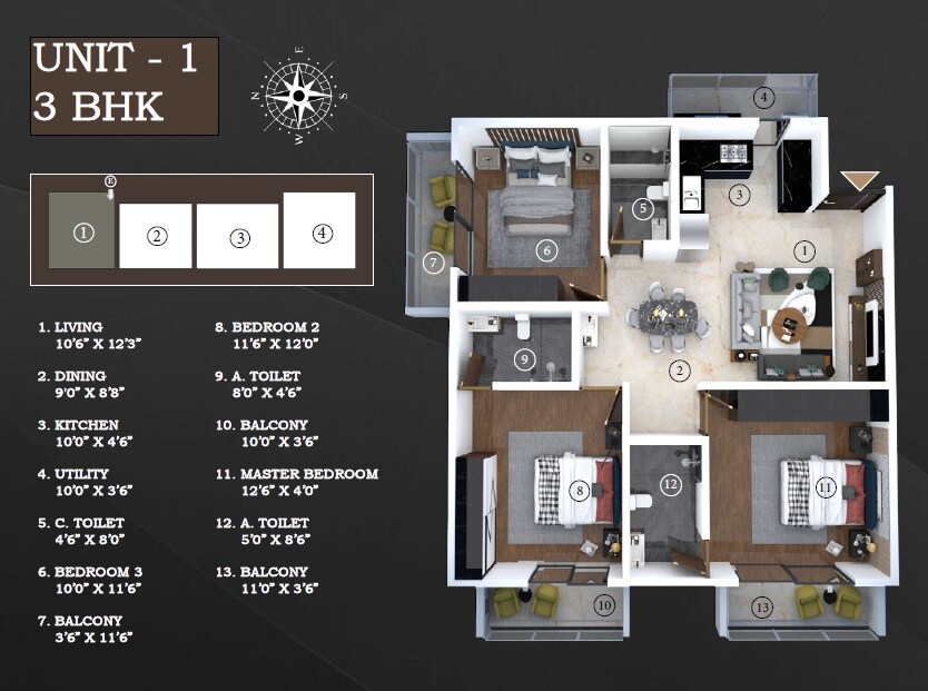 3 BHK 1820 Sq. Ft. Apartment