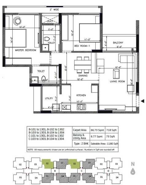 Floor plan of 2 BHK 1180 Sq. Ft. Apartment in Goyal and Co Orchid Greens, Bangalore