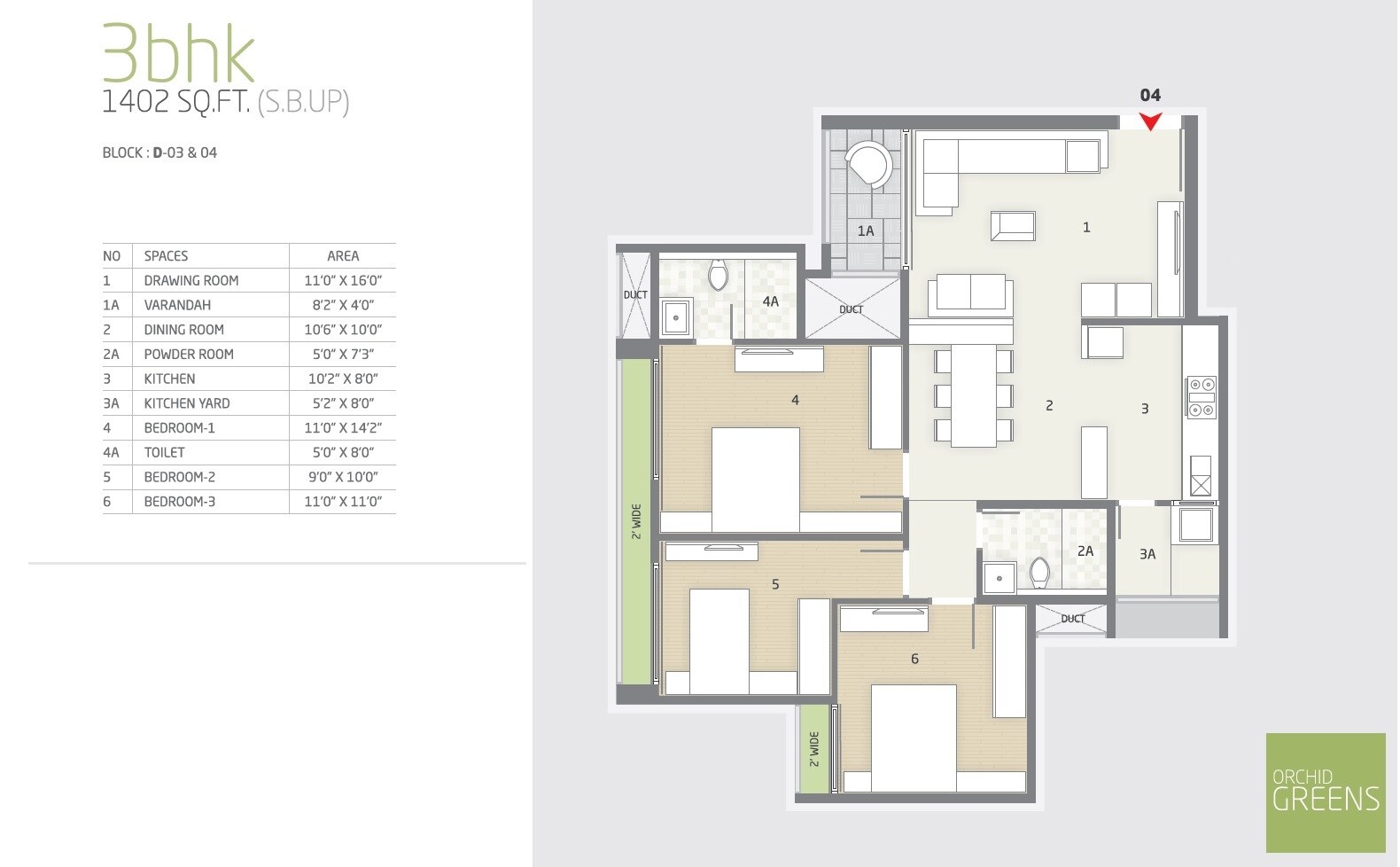 Floor plan of 3 BHK 1402 Sq. Ft. Apartment in Goyal and Co Orchid Greens, Bangalore