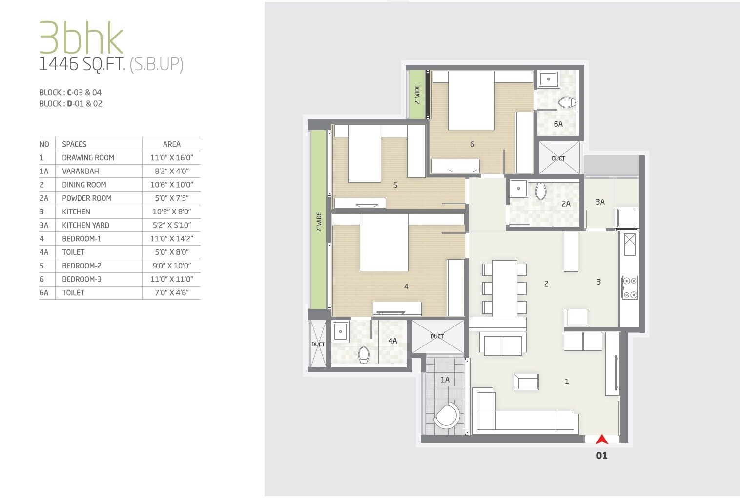 Floor plan of 3 BHK 1446 Sq. Ft. Apartment in Goyal and Co Orchid Greens, Bangalore