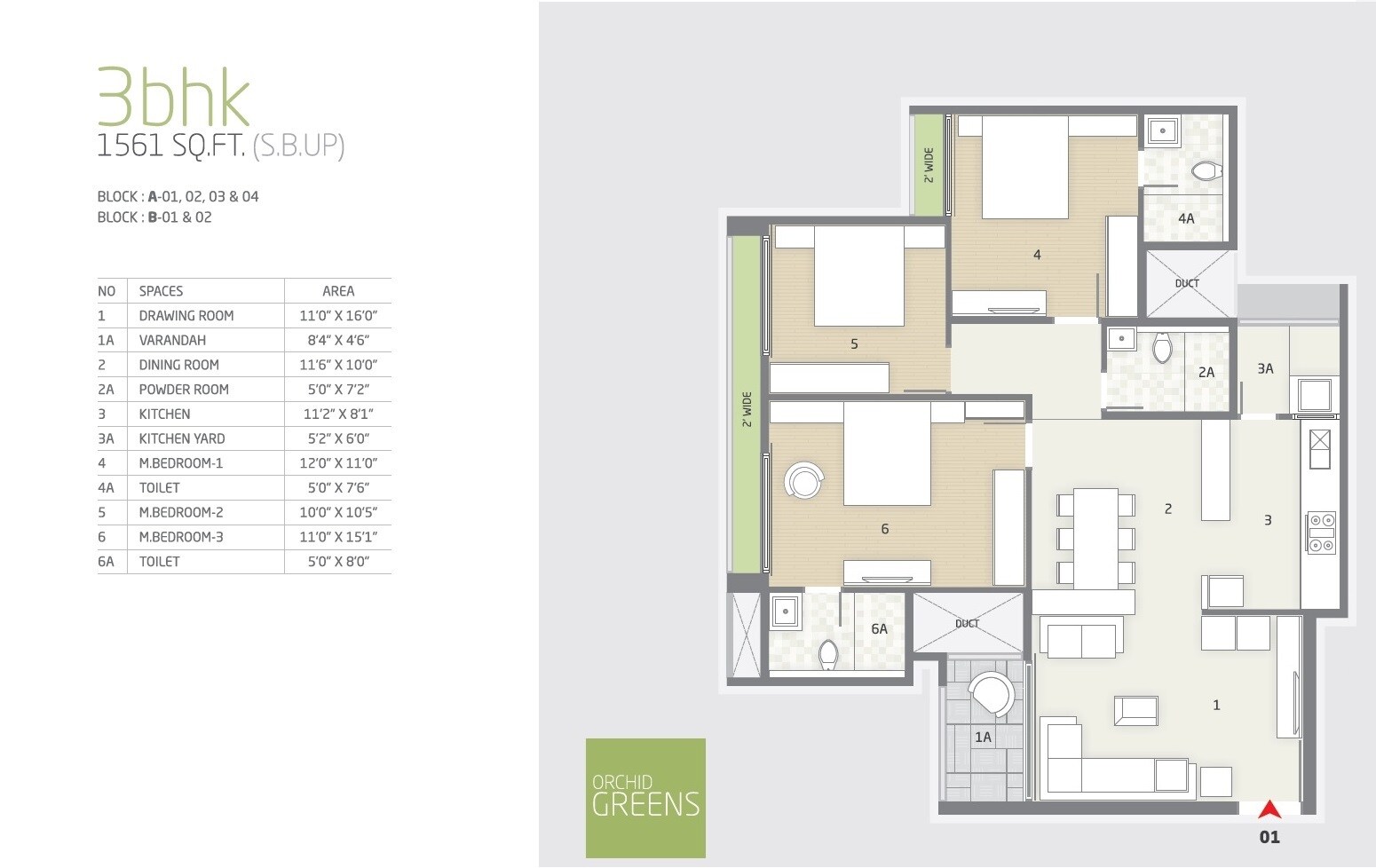 Floor plan of 3 BHK 1561 Sq. Ft. Apartment in Goyal and Co Orchid Greens, Bangalore