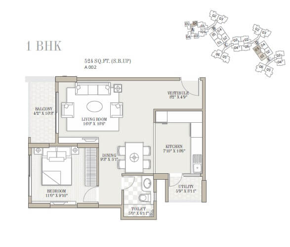 1 BHK 524 Sq. Ft. Apartment