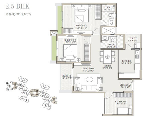 Floor plan of 2 BHK 1350 Sq. Ft. Apartment in Goyal and Co Orchid Whitefield, Bangalore