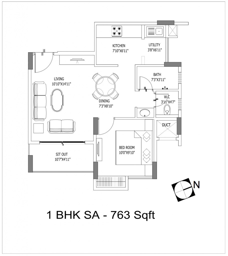 Floor plan of 1 BHK 763 Sq. Ft. Apartment in Goyal Footprints, Bangalore