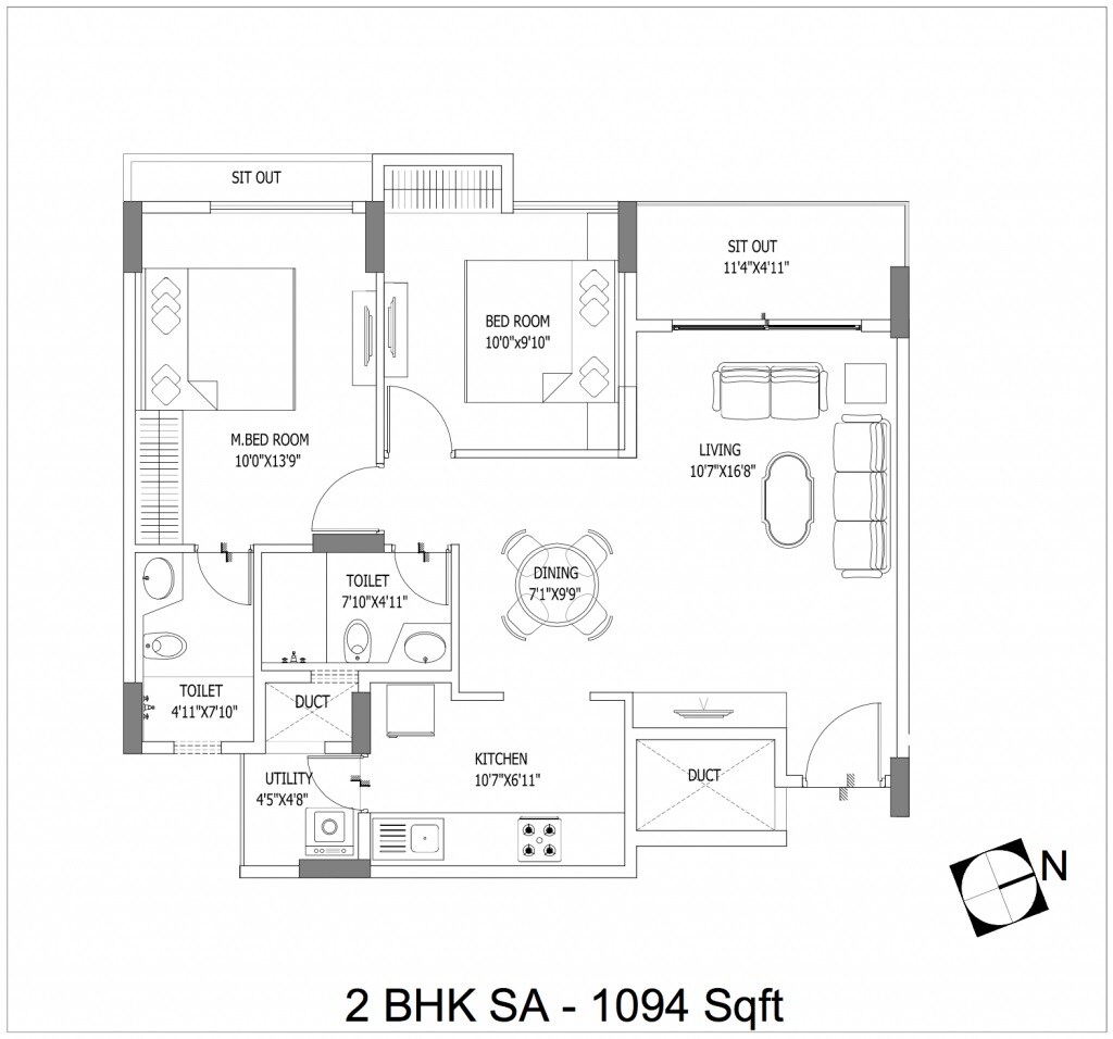 Floor plan of 2 BHK 1094 Sq. Ft. Apartment in Goyal Footprints, Bangalore