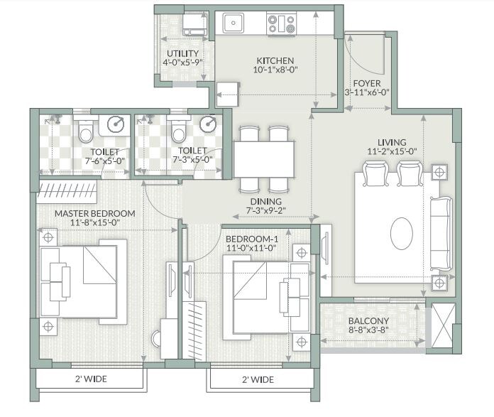 Floor plan of 2 BHK 1165 Sq. Ft. Apartment in Goyal Orchid Piccadilly, Bangalore