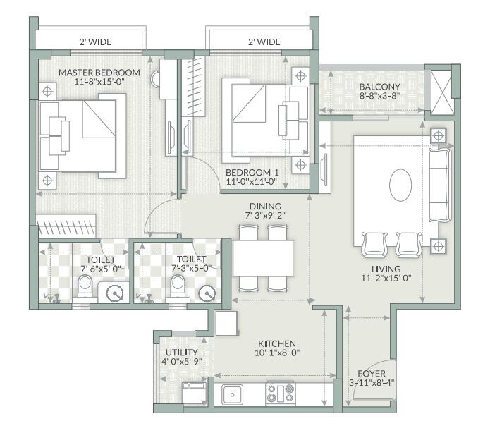 Floor plan of 2 BHK 1176 Sq. Ft. Apartment in Goyal Orchid Piccadilly, Bangalore