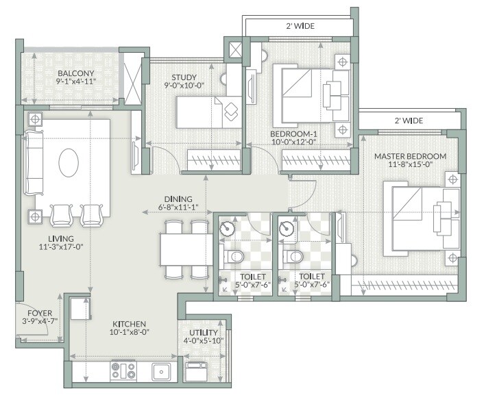 Floor plan of 2 BHK 1371 Sq. Ft. Apartment in Goyal Orchid Piccadilly, Bangalore