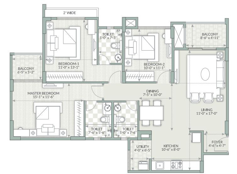Floor plan of 3 BHK 1572 Sq. Ft. Apartment in Goyal Orchid Piccadilly, Bangalore