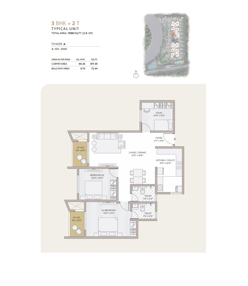 Floor plan of 3 BHK 1558 Sq. Ft. Apartment in Goyal Orchid South Park, Bangalore