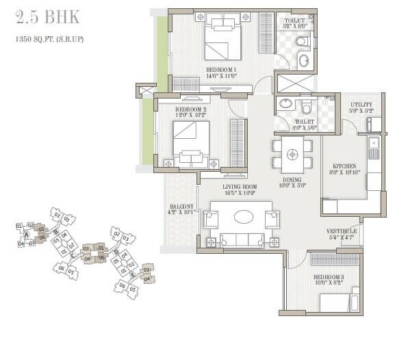 Floor plan of 2 BHK 1350 Sq. Ft. Apartment in Goyal Orchid Whitefield, Bangalore