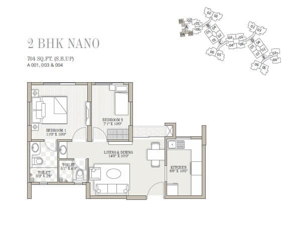 Floor plan of 2 BHK 704 Sq. Ft. Apartment in Goyal Orchid Whitefield, Bangalore